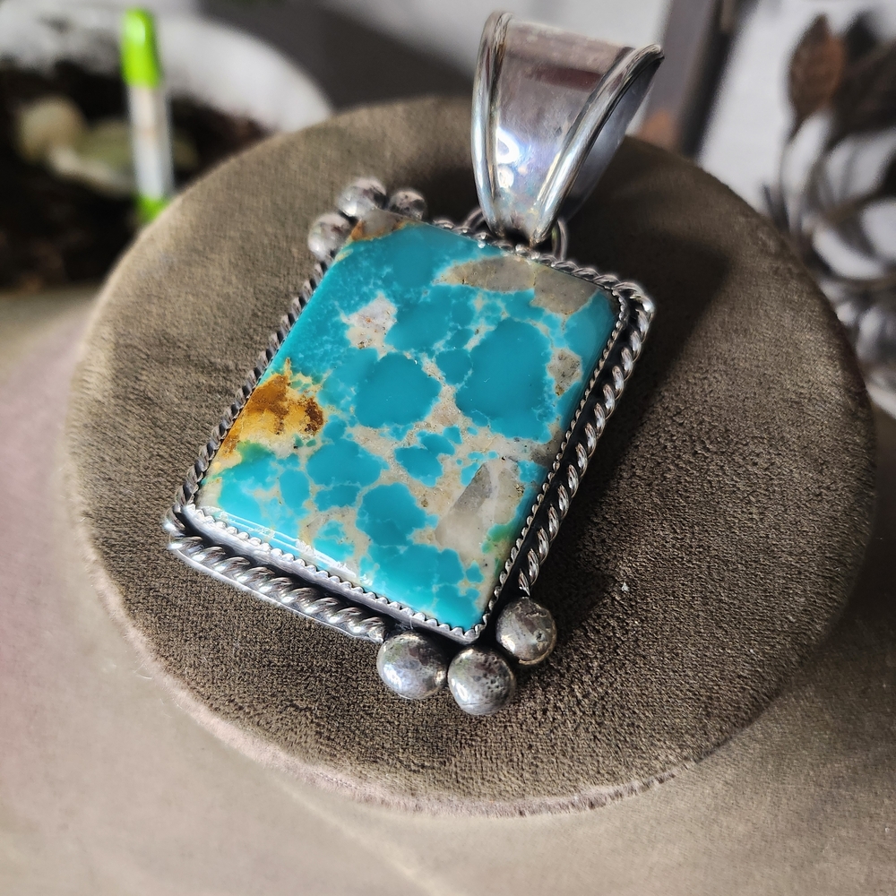 Navajo Pinto Signed Huge Turquoise and Sterling Silver 925 Chunky Pendant